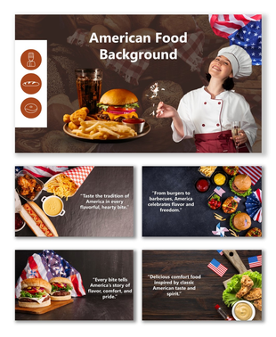 American Food Background with burgers, fries, soda, and chef styled with US flag and rustic table setup.