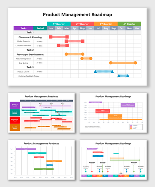 Product Management Roadmap with colorful timelines, task bars, and milestones for strategic project planning.