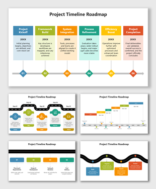 Project Timeline Roadmap with color-coded phases, milestone icons, and road-style timeline showing project flow.