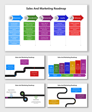 Sales And Marketing Roadmap with colored arrows, icons, and workflow steps from awareness to advocacy.