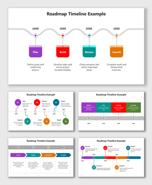 Roadmap Timeline Example with colored step boxes, curved timeline path, icons, and short labels for key project stages.