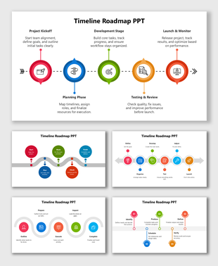 Timeline Roadmap In PPT with colored step circles, dotted timeline, icons, and short labels for project phases.