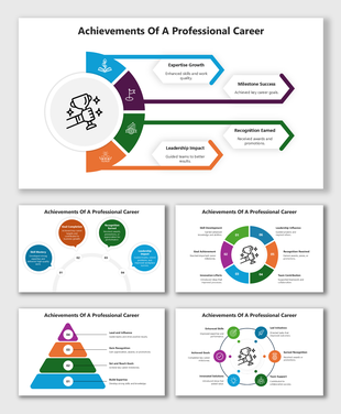 Achievements Of A Professional Career showing multicolor charts, trophy icon, and brief notes on skills, goals, and awards.