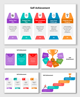 Self Achievement Examples showing multi-color steps, action icons, and trophy elements for growth.