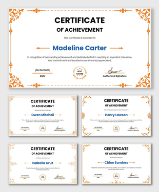 Achievement Certificate Download with orange decorative borders, award badge, bold name text, date and signature fields.