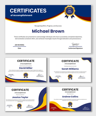 Certificates Of Accomplishment with blue and gold wave design, award badge, recipient name, date, and signature fields.