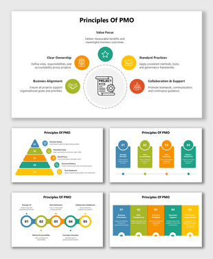 Principles Of PMO infographic with colorful icons showing value focus, standards, alignment, and support.