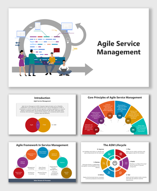 Agile Service Management slide with team illustration, circular flow arrows, colorful icons, and lifecycle diagrams.