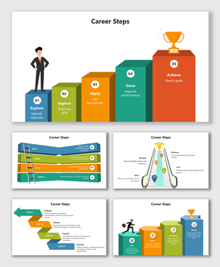 Career Steps infographic with colorful step blocks, icons, arrows, and trophy showing growth.