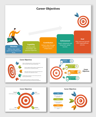 Career Objectives slide with colorful step blocks, arrow flow, target icon, and clear goal text layout.
