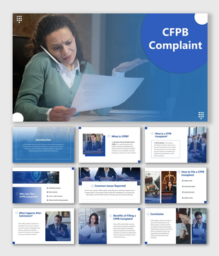 CFPB Complaint slide with blue theme, circular shapes, user photo, and step cards explaining the filing process.
