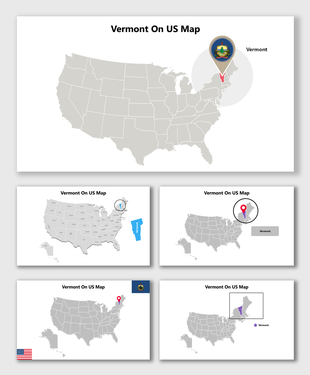 Vermont On US Map with gray USA, red state highlight, location pin, and zoom callout.