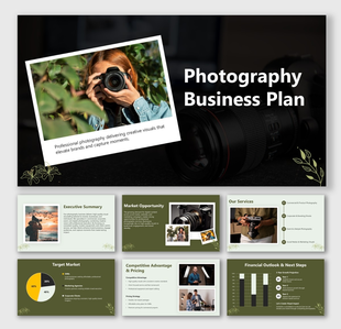 Photography Business Plan PPT with dark theme, camera image, framed photos, charts, and strategy text.