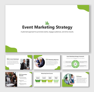 Event Marketing Strategy slide with green-white layout, icons, frameworks, and audience engagement flow.