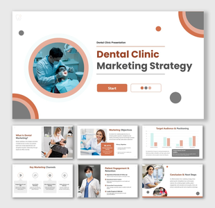 Dental Clinic Marketing Strategy slide with dentist treating patient, clean layout and orange accents.