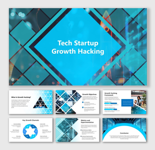 Tech Startup Growth Hacking Deck with blue geometric design, charts, metrics, and startup strategy slides.
