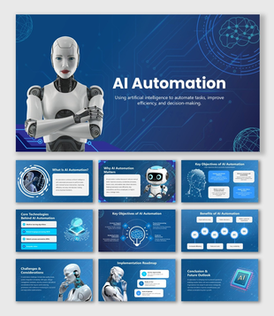 AI Automation presentation with blue tech design, humanoid robot visuals, icons, charts, and workflow slides.