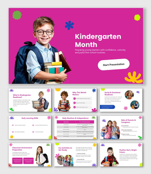 Get Ready for Kindergarten Month slide with smiling child, bright pink background, playful shapes, and learning focus.