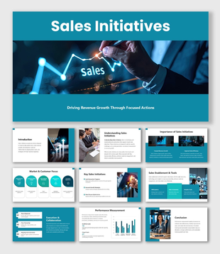 Sales Initiatives presentation with teal theme, charts, icons, and revenue growth visuals.