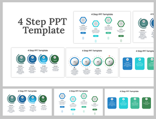 Collection of slides featuring 4 step processes, with circular and hexagonal icons in blue, and green tones.