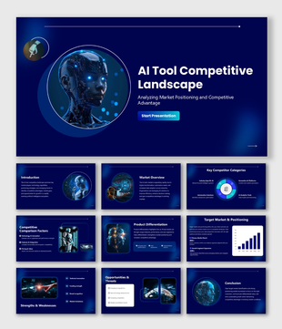 AI Tool Competitive Landscape blue slides with AI head graphic, charts, and circular infographics.
