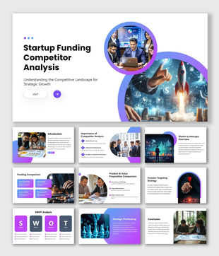 Startup Funding Competitor Analysis Deck with purple gradients, rocket graphic, charts, and SWOT slides.