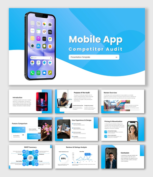 Mobile App Competitor Audit slides with blue wave shapes, smartphone mockup, charts, icons, and text boxes.