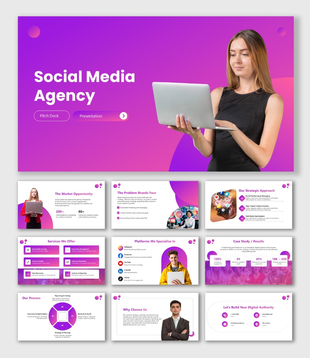 Social Media Agency Pitch Deck purple gradient slides with laptop model photo, icons and charts.