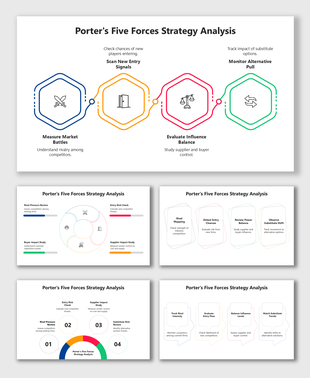 Porter's Five Forces Strategy Analysis slide with colorful hexagon icons, short text holders, clean white layout.