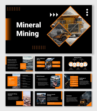 Mineral Mining black-orange slides with dump truck photos, diamond frames, icons and process steps.