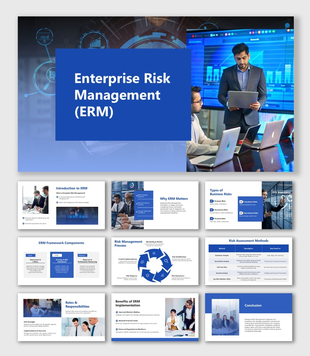 Enterprise Risk Management Model blue slides with circular ERM cycle, icons, charts, and business risk framework diagrams.