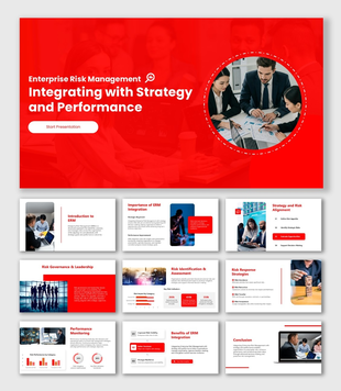 ERM Integrating With Strategy And Performance red slides with icons, charts, and enterprise risk strategy visuals.
