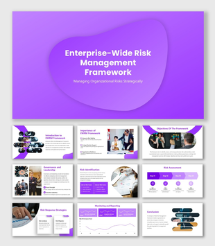 Enterprise Wide Risk Management Framework purple slides with abstract shapes, icons, and risk management process visuals.
