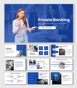 Bank Presentation Template with woman holding bank card and phone image, blue overlay shapes and white layout.