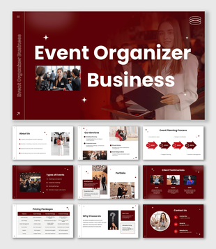 Event Organizer Business with red theme, event manager image, icons, shapes and clean corporate presentation slides.