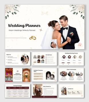 Top Wedding Planners with bride groom image, floral corners, gold rings, beige theme, elegant shapes and clean slides.