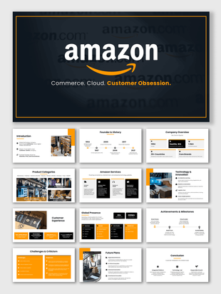 Amazon Presentation with dark blue and orange theme, logo cover, icons, shapes, charts and business slides.