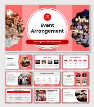 Event Arrangement slides with red theme, wedding setup images, circular shapes, icons, charts and planning process layout.
