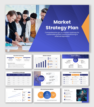 Go to Market Strategy Plan Presentation with blue theme, team image, charts, icons, shapes and structured text slides.
