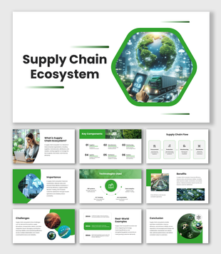 Supply Chain Ecosystem with green layout, global network image, truck, icons, flow steps, and organized text sections.
