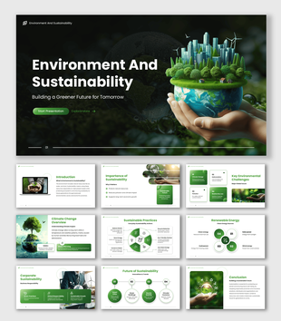 Environment And Sustainability with green theme, globe in hand, eco city visuals, icons, and clean text layout design.