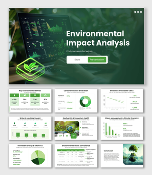 Environmental Impact Analysis with green theme, laptop dashboard, eco icon, graphs, and clean text layout design.