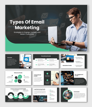 Types Of Email Marketing slides with dark theme, green accents, laptop image, icons, clean layout design.