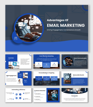 Advantages Of Email Marketing slides with blue theme, laptop image, email icons, circular shape, clean layout design.