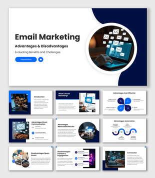 Email Marketing Advantages And Disadvantages slides with blue theme, laptop image, email icons, clean layout design.