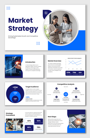 Go To Market Strategy Template slides with blue theme, charts, circular image, icons, clean layout design.