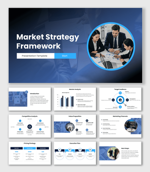 Go To Market Strategy Framework slides with blue gradient, team image, charts, icons, clean layout design.