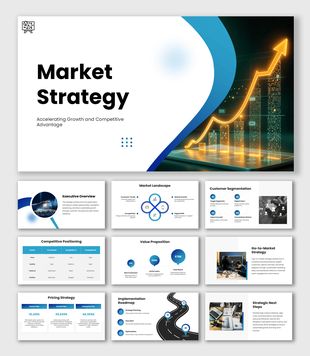 Go To Market Strategy Presentation Examples slides with blue theme, growth chart, icons, clean layout design.