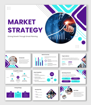 Go To Market Strategy Presentation slides with charts, icons, shapes, purple blue theme and clean text layouts.