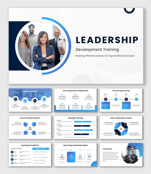 Leadership Development Training slides with blue theme, icons, circular team image, shapes and clean text layouts.
